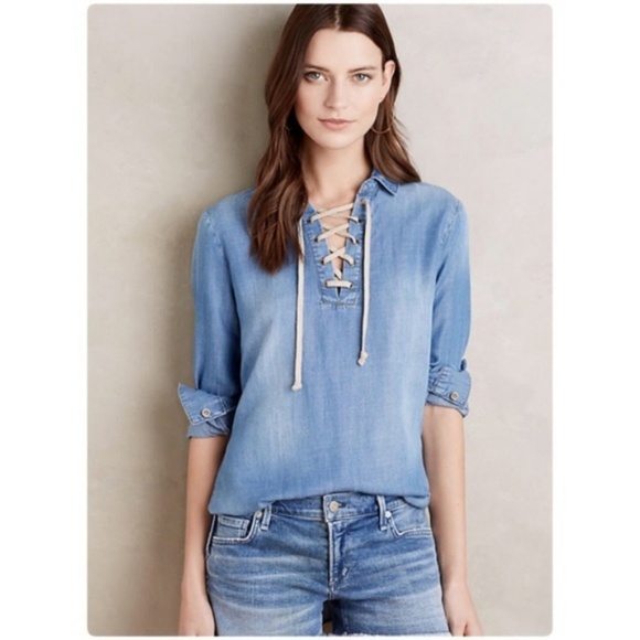 Anthropologie Tops - Anthropologie Cloth & Stone Lace-Up Chambray Top